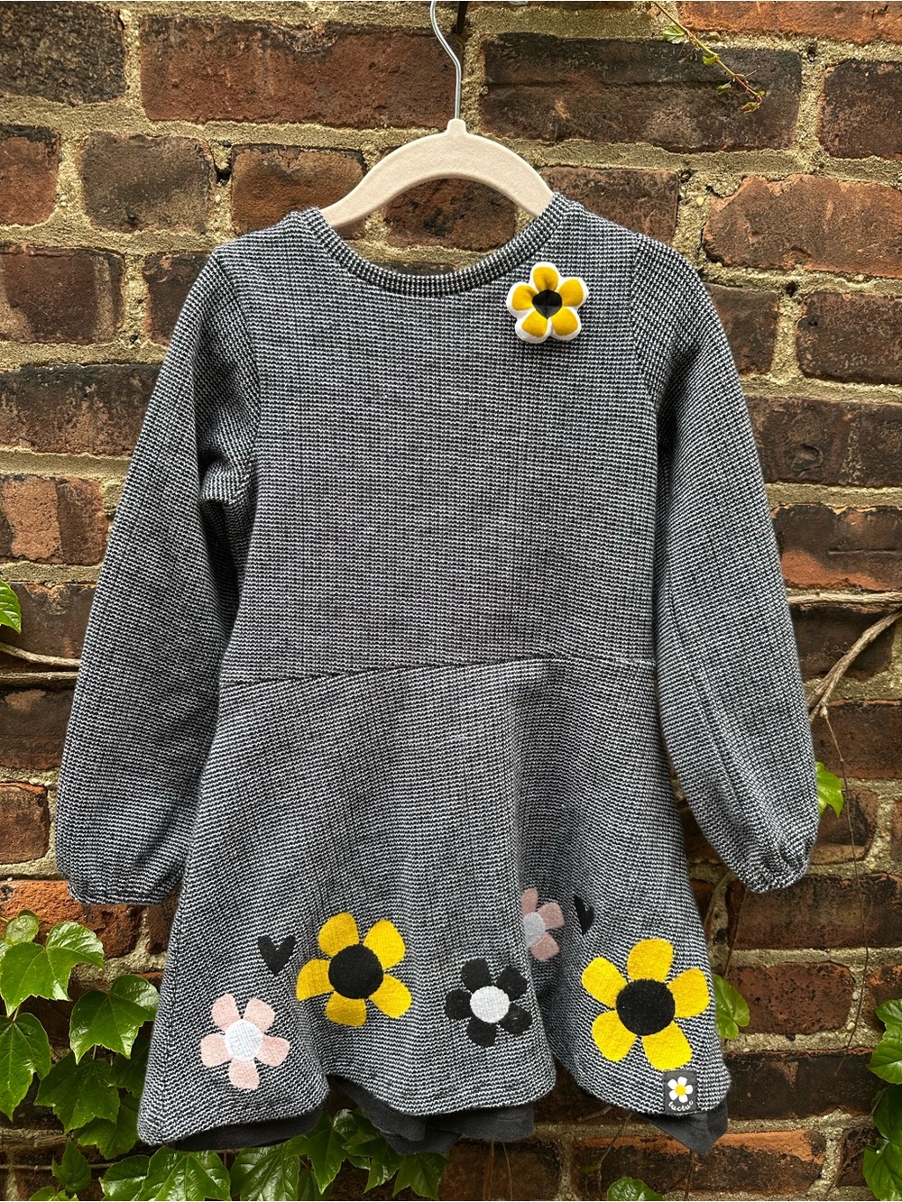 Tuc Tuc Girls Grey Knit Dress with Yellow Flower Accents